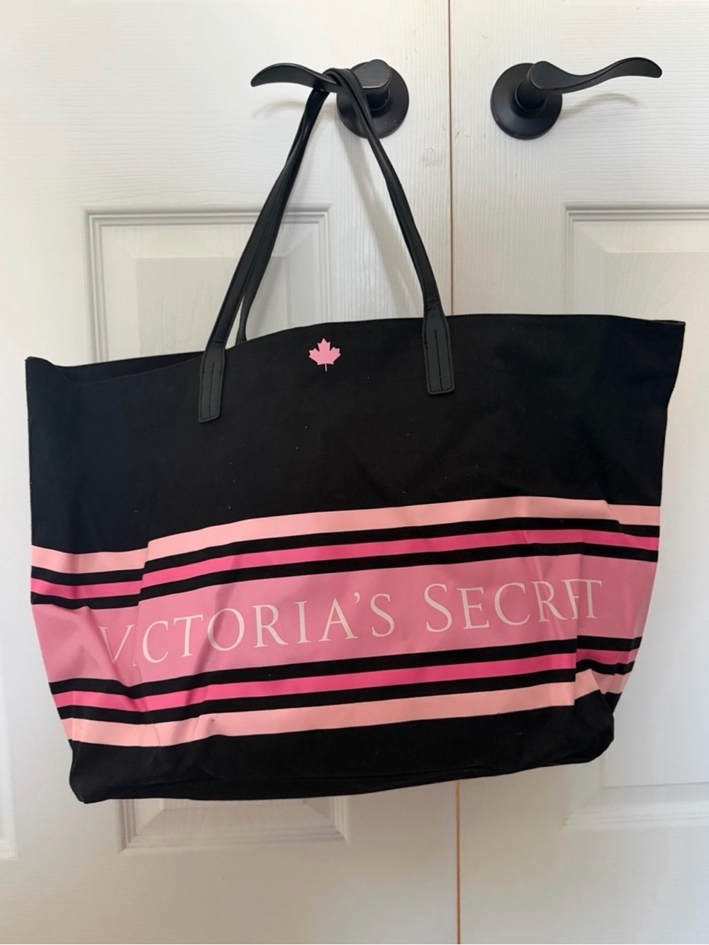 Victoria's Secret Black and Pink Striped Canvas Tote
